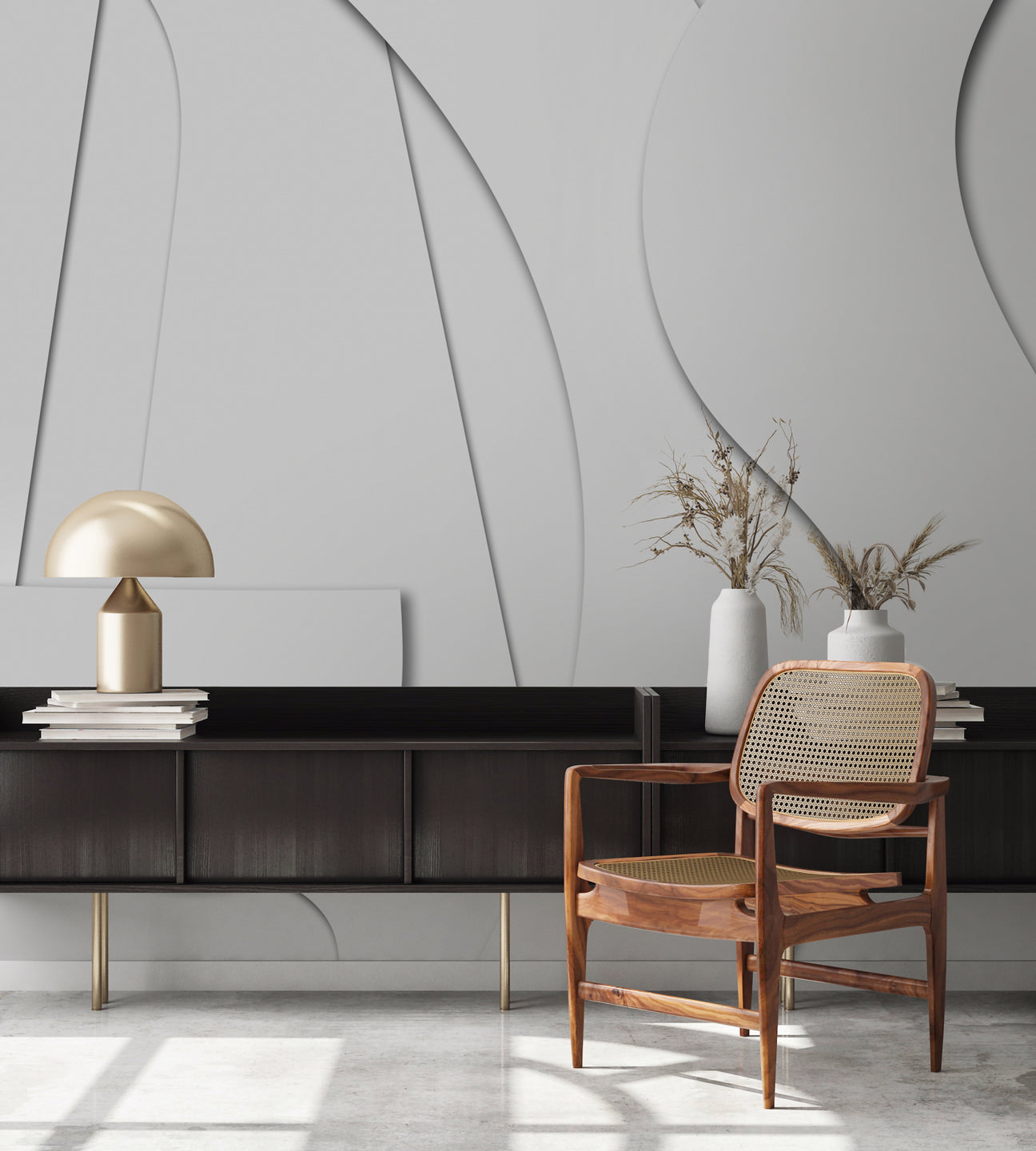 white offcut wallpaper in living room with wooden table