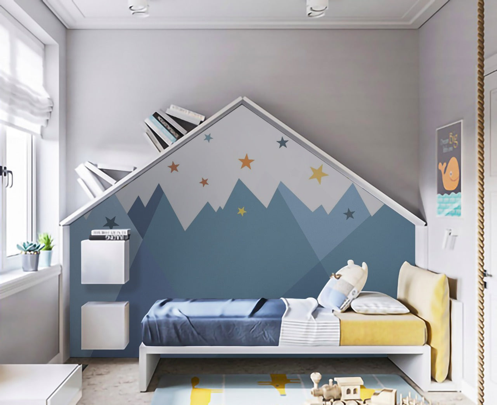 Mountain Ridges and Stars, Mural Wallpaper featured in multicolor colourway, seen in a nursery surrounded by plush and kid's toys.