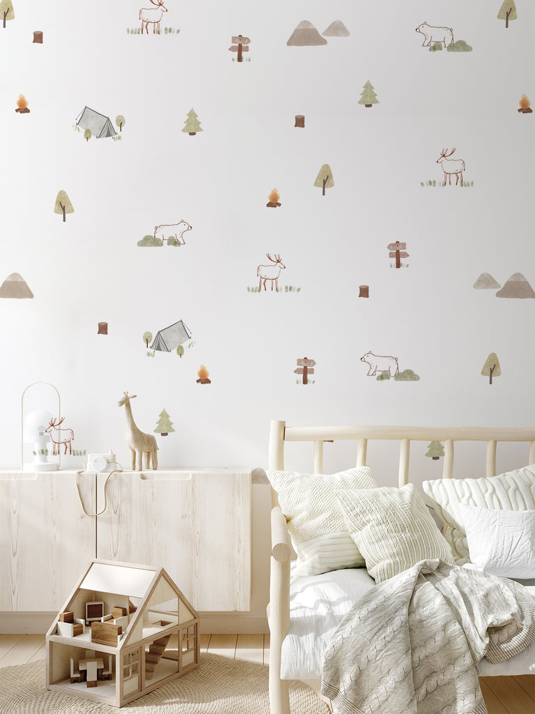 Nature themed wallpaper in a children's playroom