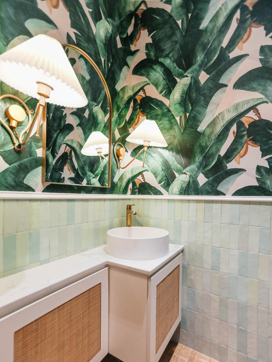 Banana Leaves, Tropical Pattern Wallpaper in Powder Room or Bathroom