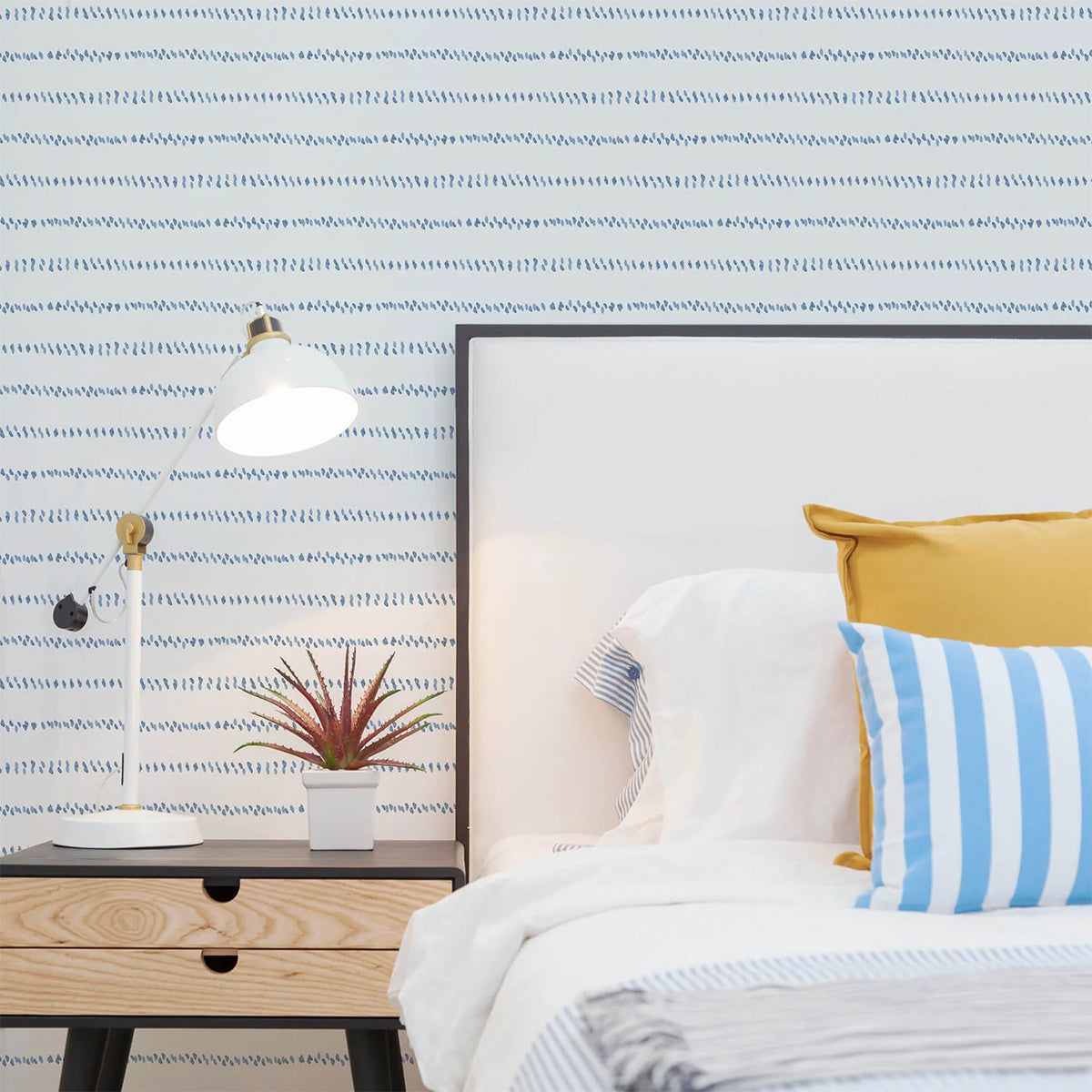 Watercolour Spot Lines, Blue Striped Wallpaper in bedroom