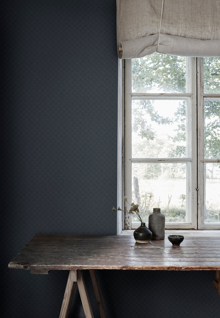 Sashi Japanese, Wallpaper in Dark Blue featured on a wall near a window and a wooden table with ceramics on top