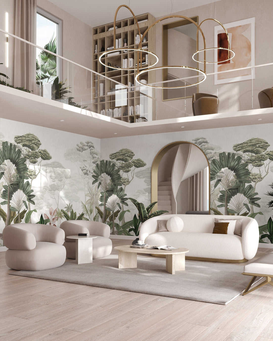 garden tropical greenary wallpaper in a grand living room