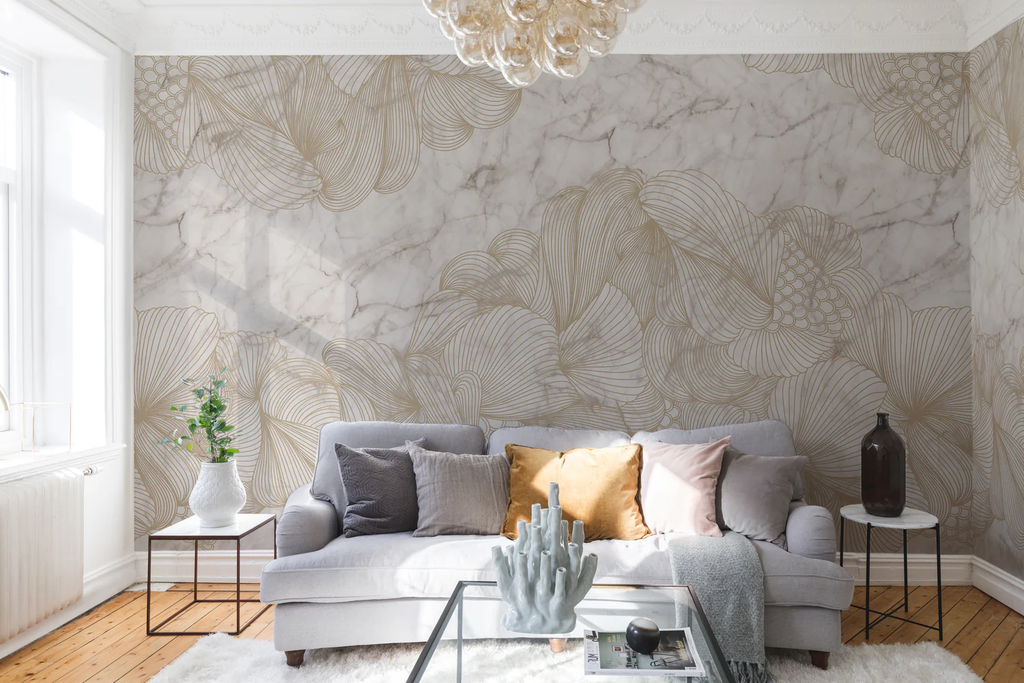Opulent Marble Wallpaper in Living Room as feature wall