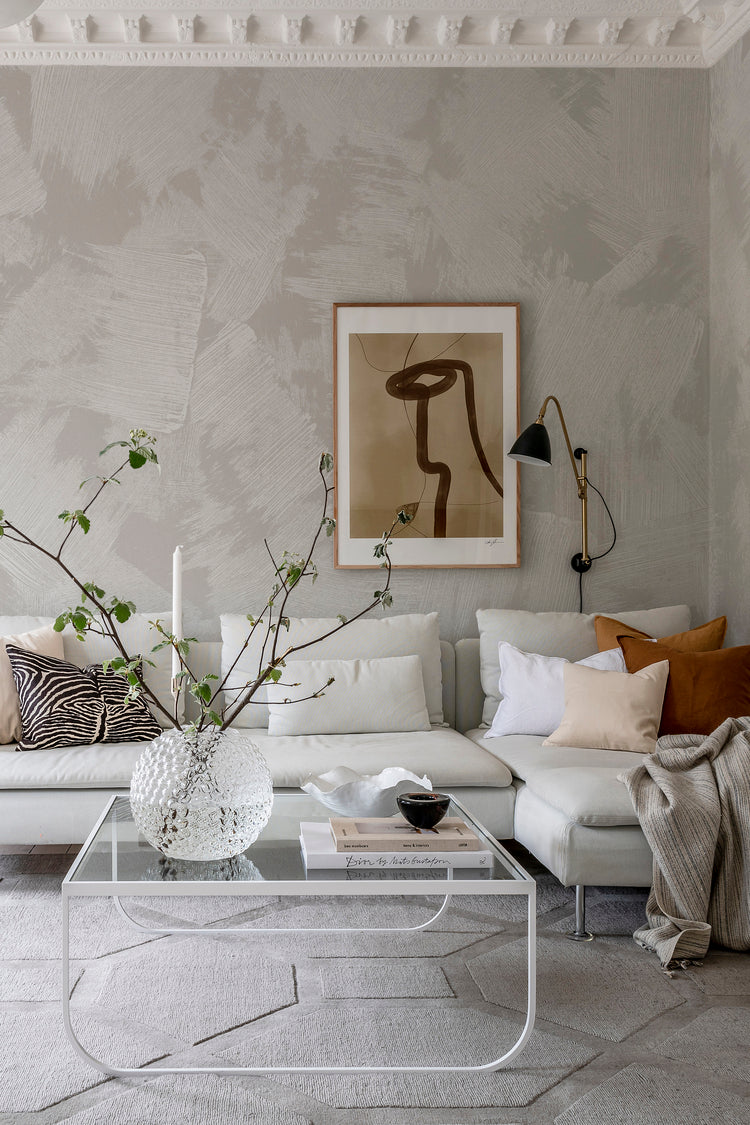 Brush, Mural Wallpaper in Light Grey in Bedroom
