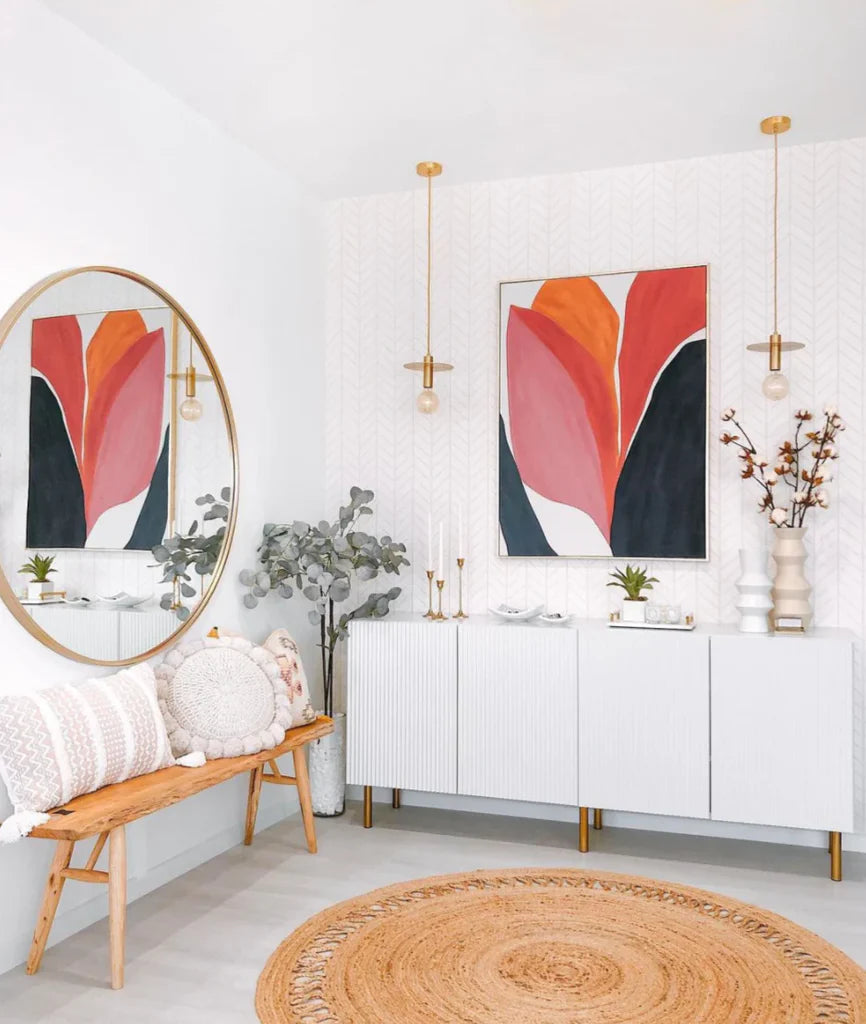 Hand-Drawn Herringbone, Pattern Wallpaper installed in small living room decorated with rattan furnitures and decorations wrapped in bohemian interior concept