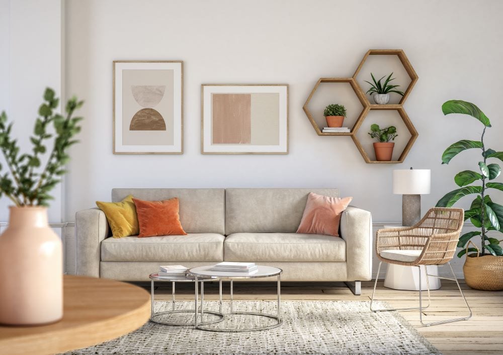 Symmetric japandi living room interior style