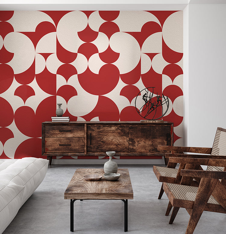 Arcadian Harmony, Geometric Wallpaper in red colourway featured on a wall of a living area