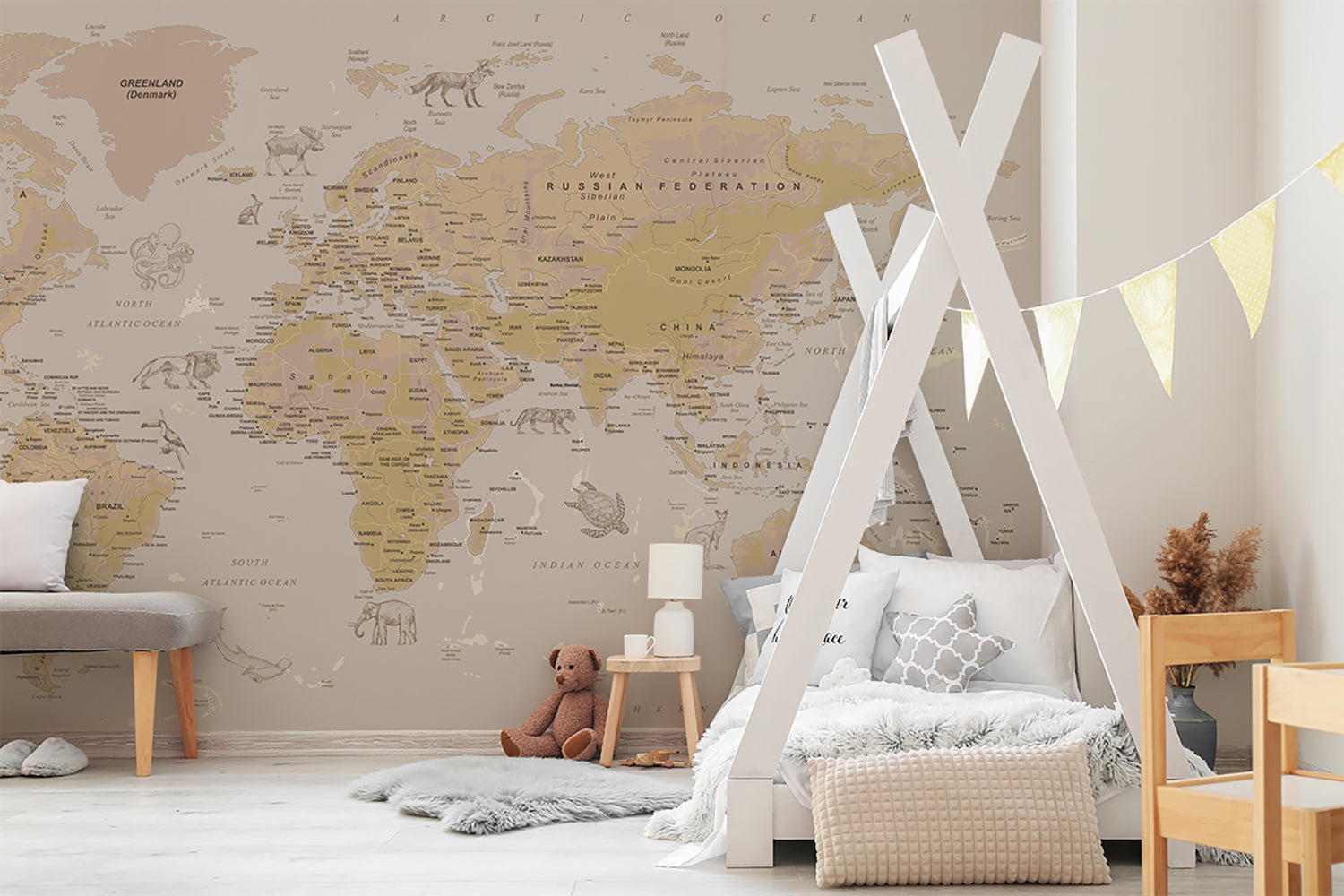 Atlas Jungle World Map Wallpaper in kid's room