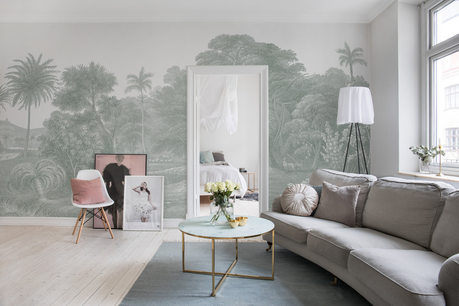 HC-Jungle_Land_Mural_Wallpaper-LightGrey-Interior2-18122023.jpg Jungle Land, Mural Wallpaper in light grey colorway in a bedroom.