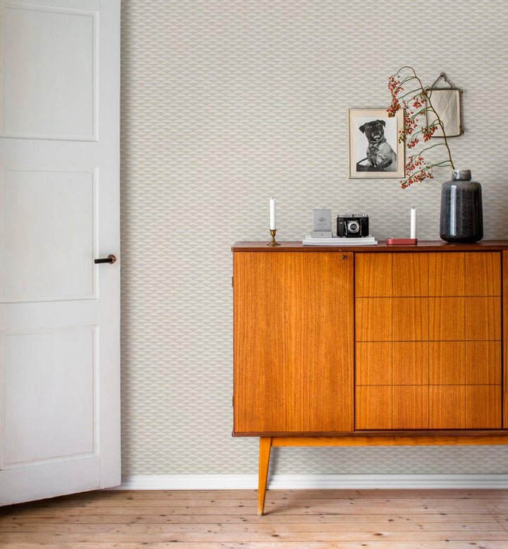 Hagalund, Pattern Wallpaper installed in hallway decorated with warm colour wooden furniture