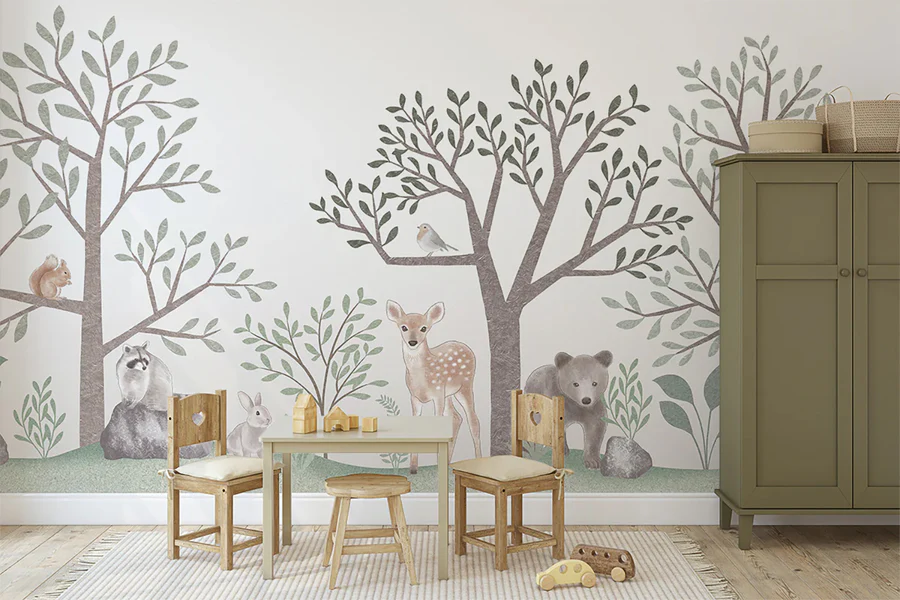 HC-Walk_in_the_Wild_Woods_Animal_Mural_Wallpaper-Interior1_900x.webp A walk in the wild woods wallpaper in a kid's playroom