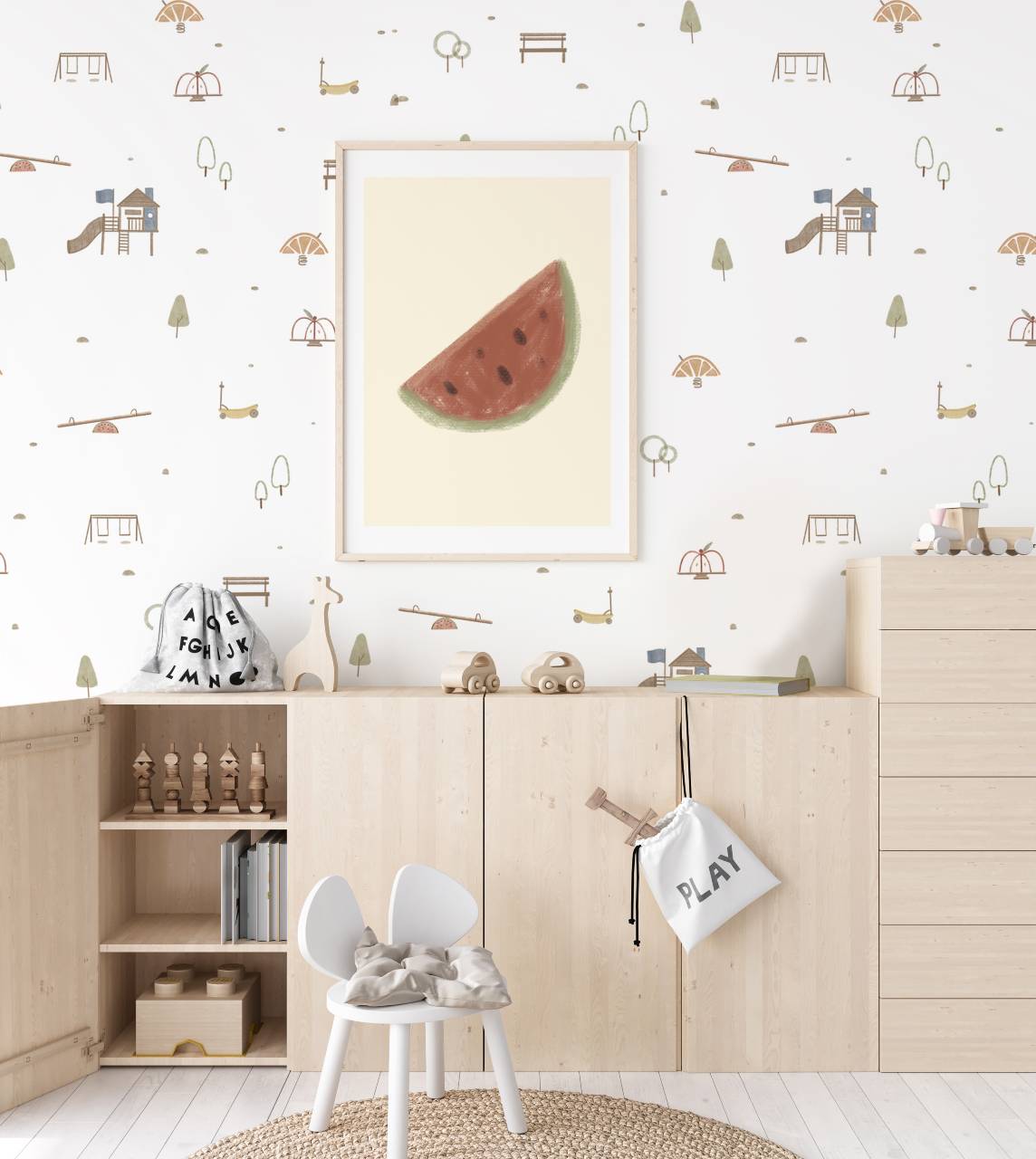 Mini Fruitful Play, Wallpaper in kids playroom