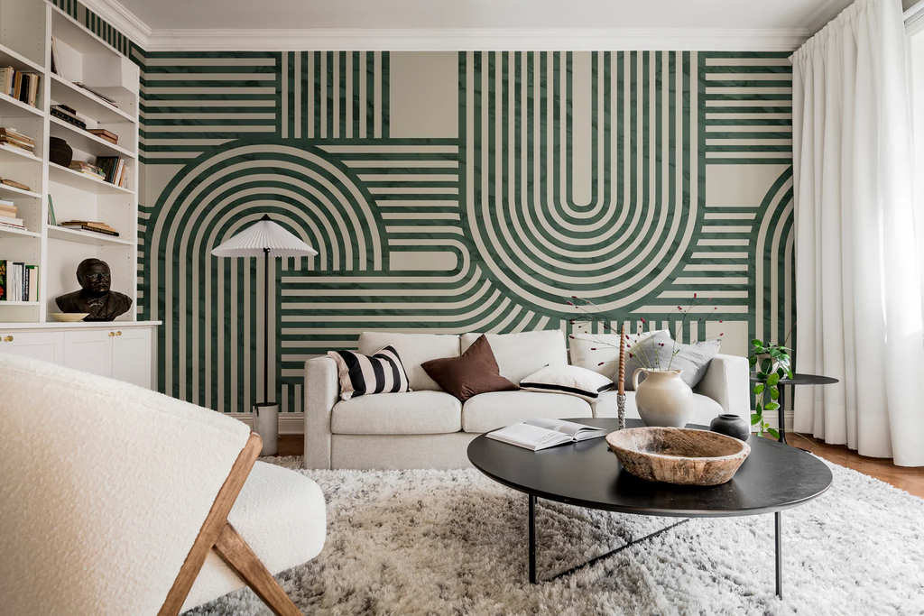 Stella Arch Geometric Wallpaper as feature wall in living room