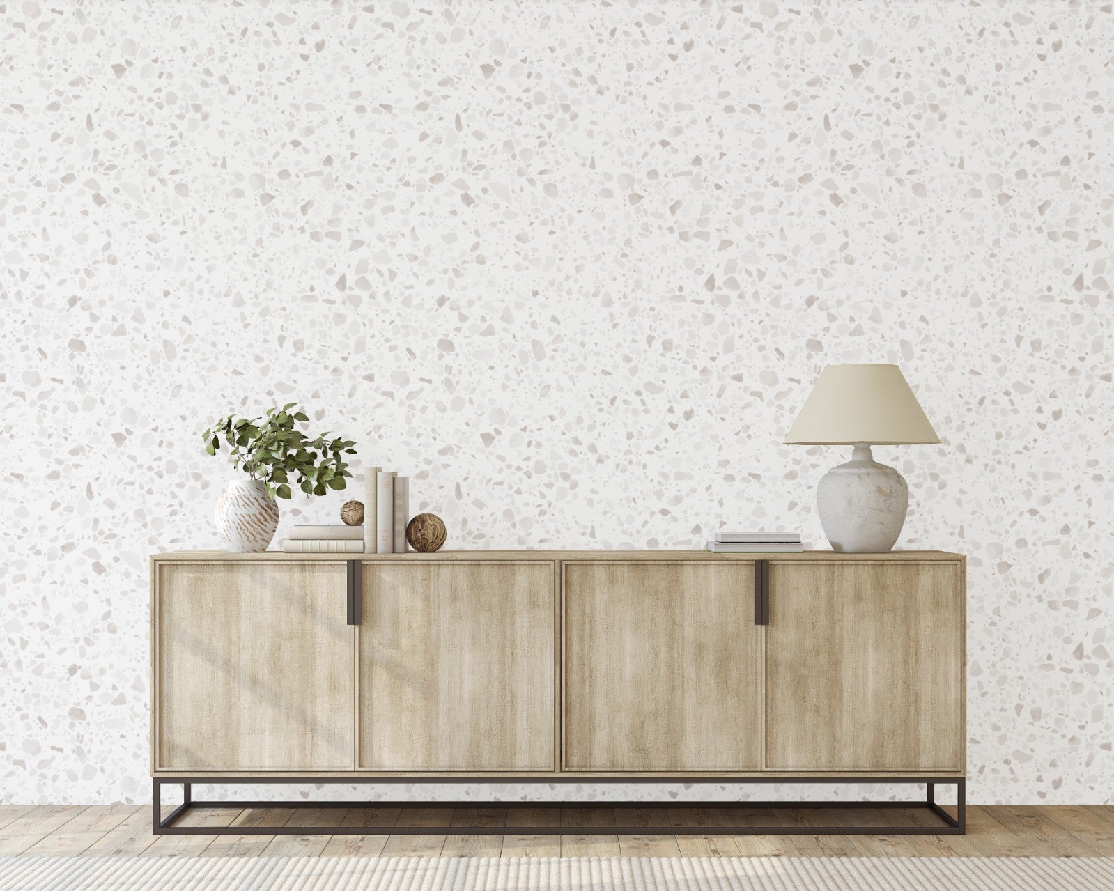 Terrazzo Blanc Wallpaper in a room with a side console