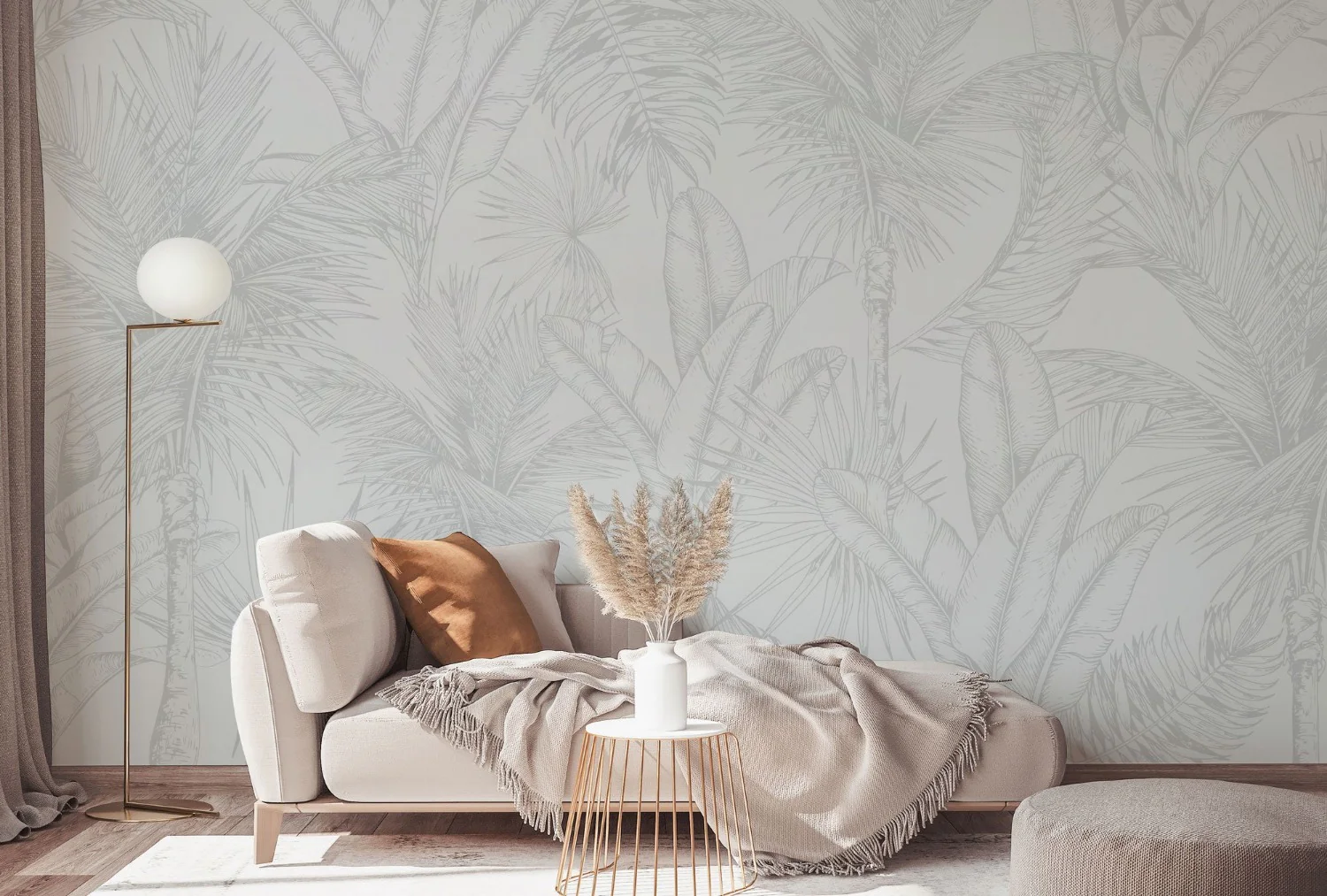 monotone-botanical-lifestyle-v2a.webp Tropics botanical mural wallpaper in living room