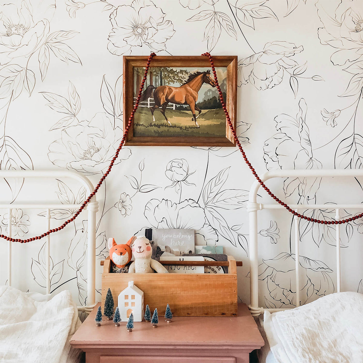 Renae Delicate Flowers, Floral Pattern Wallpaper in kids room with a horse framed art