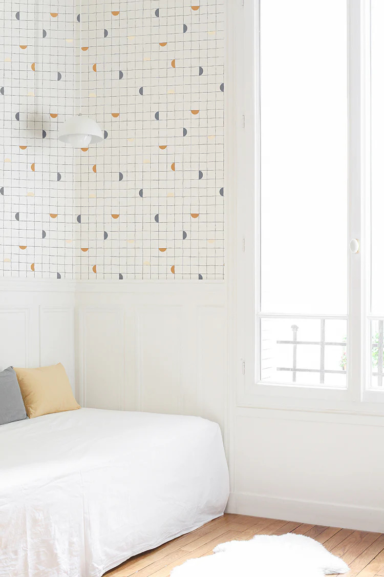 geometric wallpaper in living room