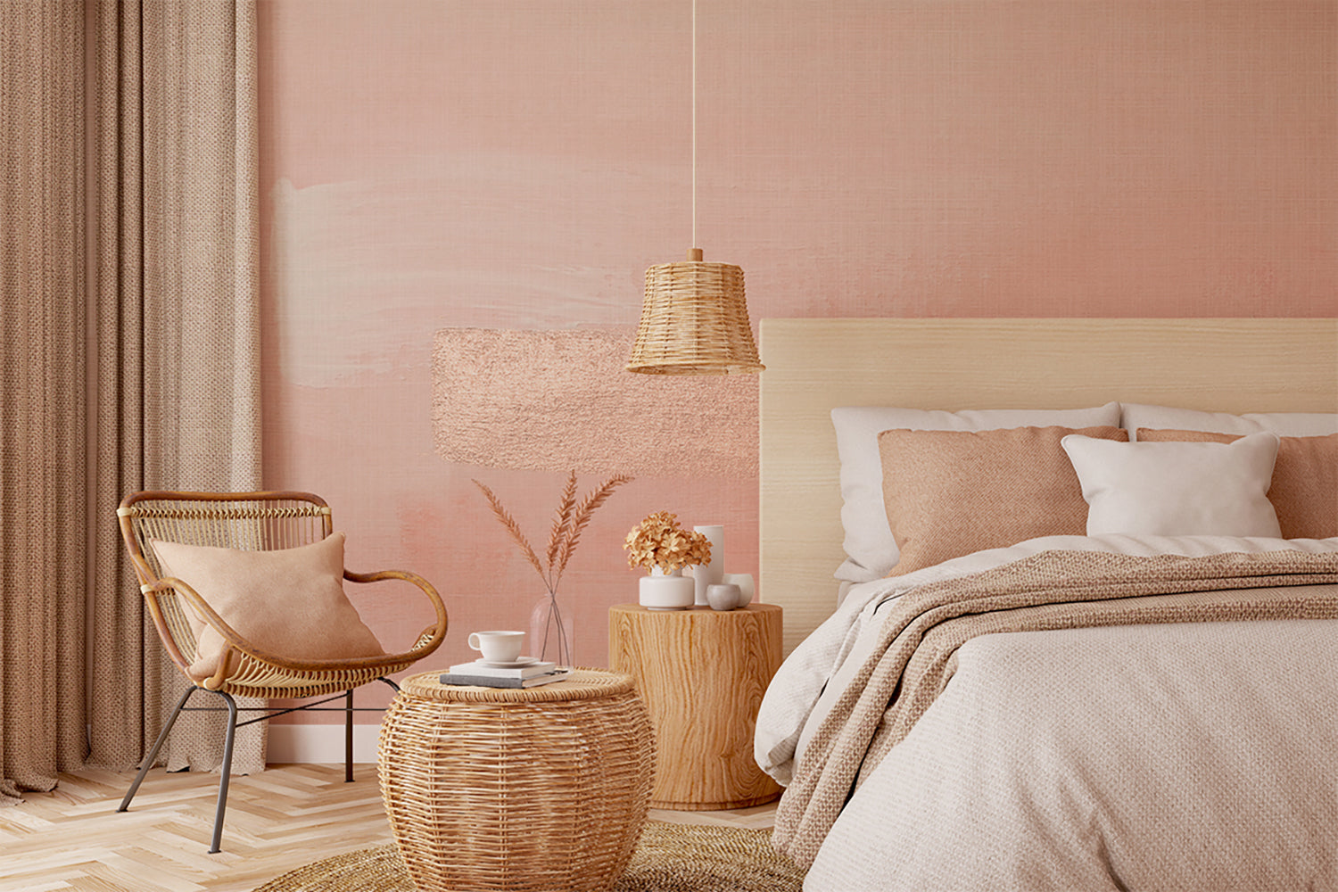 HC-Le_Montparnasse_Mural_Wallpaper-Interior1.jpg Le Montparnasse, Mural Wallpaper, with gold metallic texture with a subtle shimmer, in a cosy bedroom with warm, earthy tones