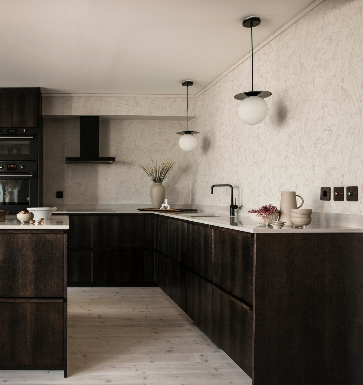 Jon, Watercolor Bamboo Japanese Wallpaper in industrial japandi kitchen room interior