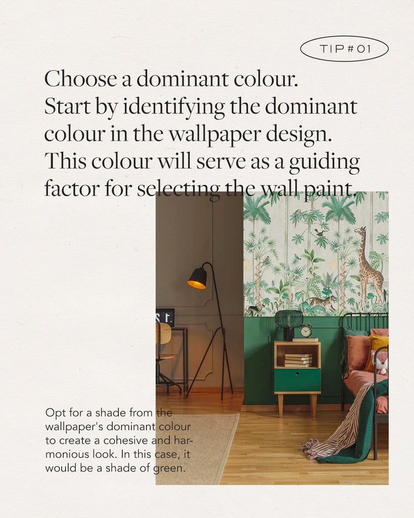 Tip on pairing paint colour with wallpaper - choose a dominant colour