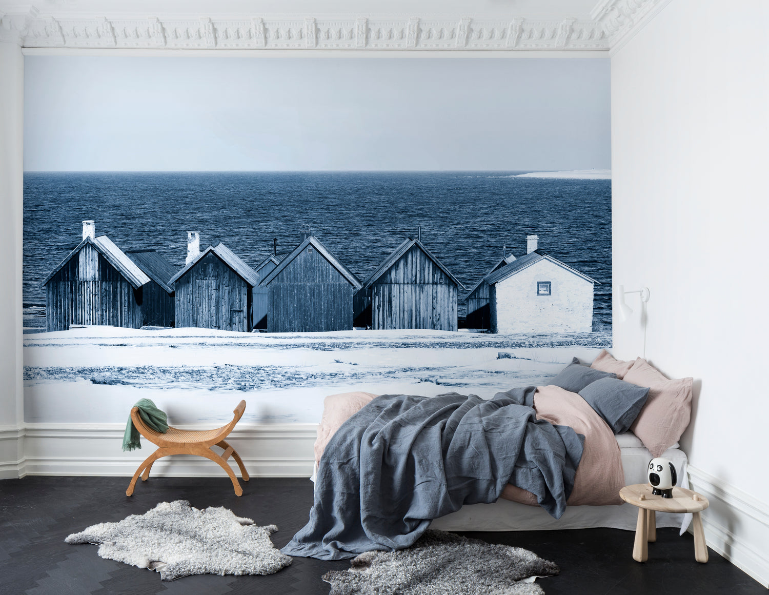 HC-Boathouse_Blues_Landscape_Mural_Wallpaper-Interior1-07122023.jpg Boathouse Blues Landscape Wallpaper in bedroom