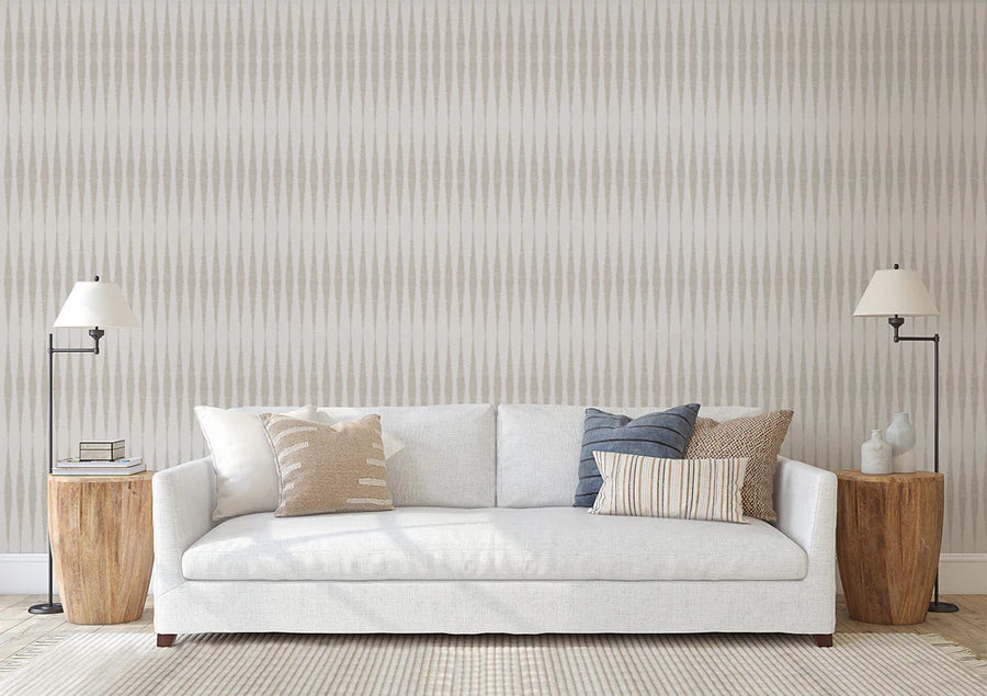 Spindle craft, pattern wallpaper Spindle craft, pattern wallpaper installed in living room decorated with white linen sofa and table lamp