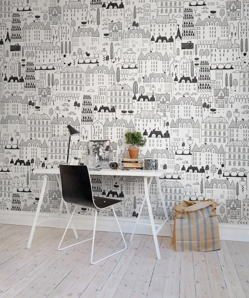 City Patterned Wallpaper in Study Room