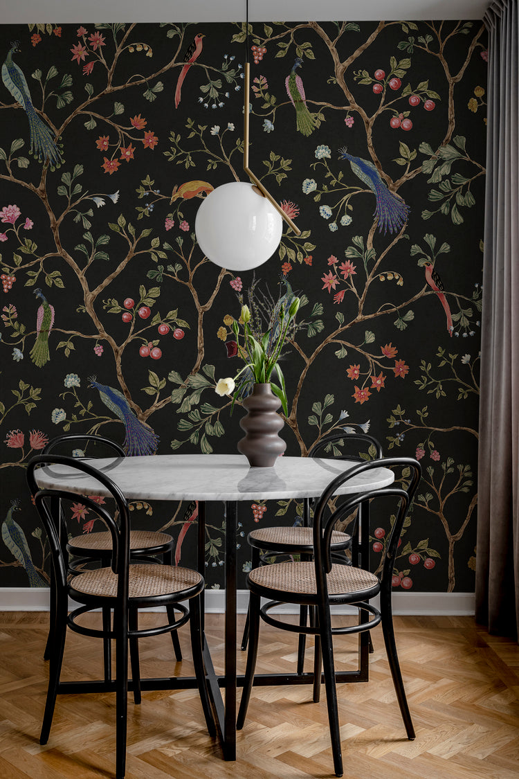 Song Birds, Animal Pattern Wallpaper in black featured on the wall of room with a round table and chairs