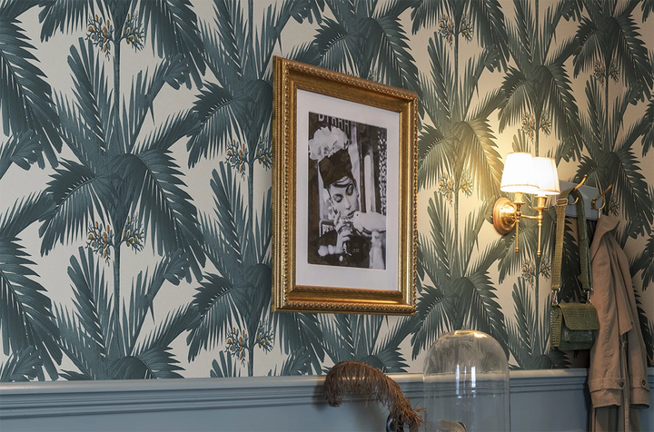 Palm Spring Wallpaper in hallway with retro monochrome art print