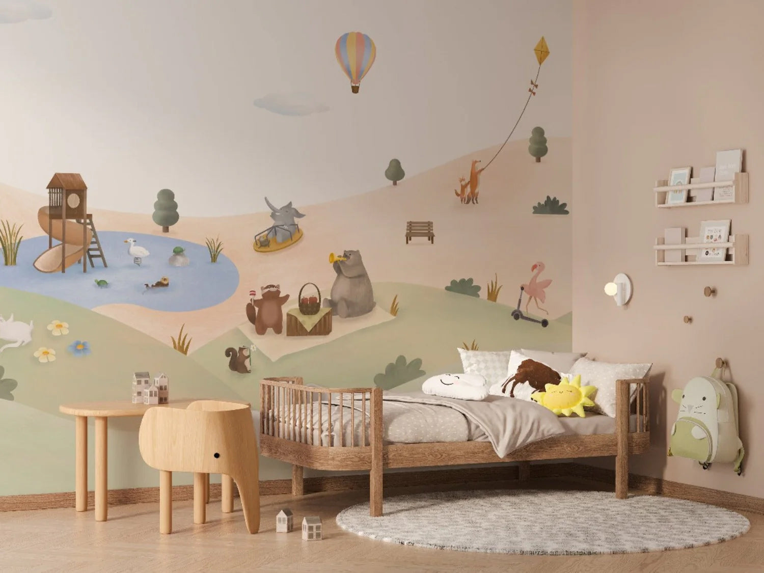 Animal Playground Adventure Mural Wallpaper in kid's bedroom