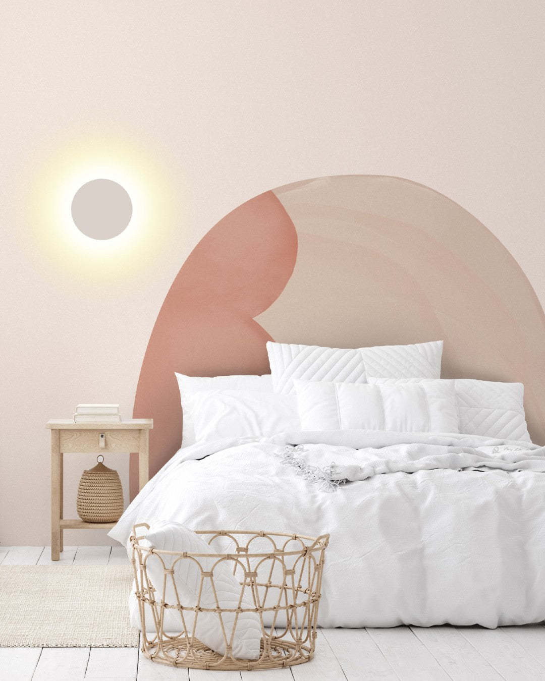 Under the Tuscan Sun, Mural Wallpaper installed in a bedroom with white bedsheets and bohemian rattan decorations