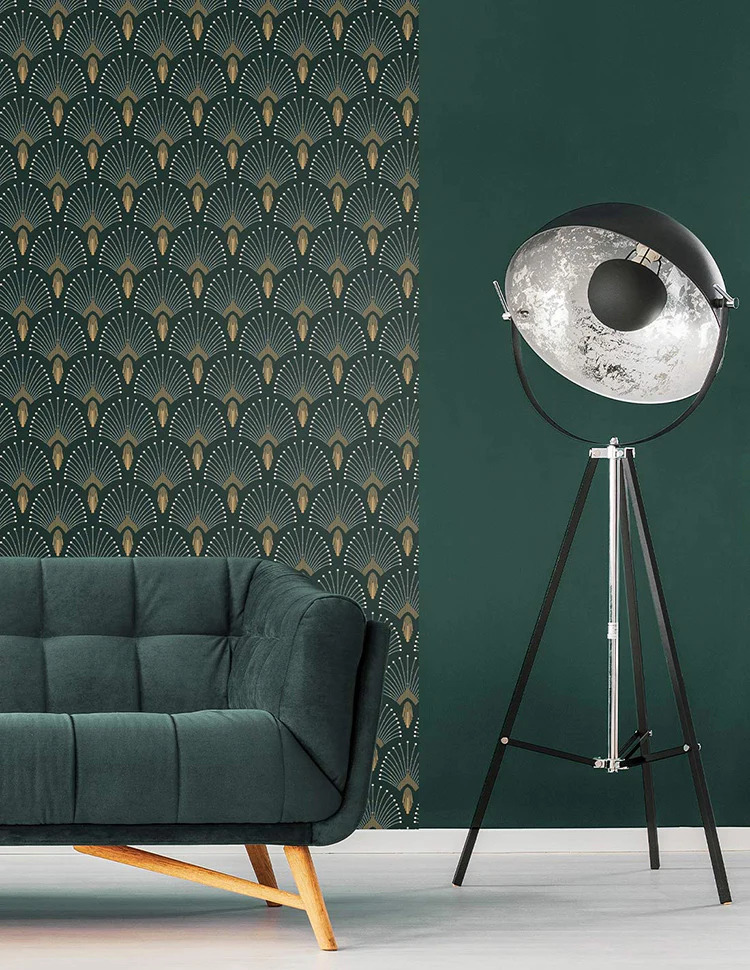 HC-1920s_Fan_Geometric_Wallpaper-Dark_Green-Interior1_900x.jpg Lounge area with sofa and a coffee table with two rattan chairs, with 1920 fan wallpaper on the walls