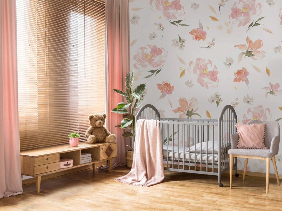Sweet Blooms, Pink Floral Pattern Wallpaper in baby's girl nursery room