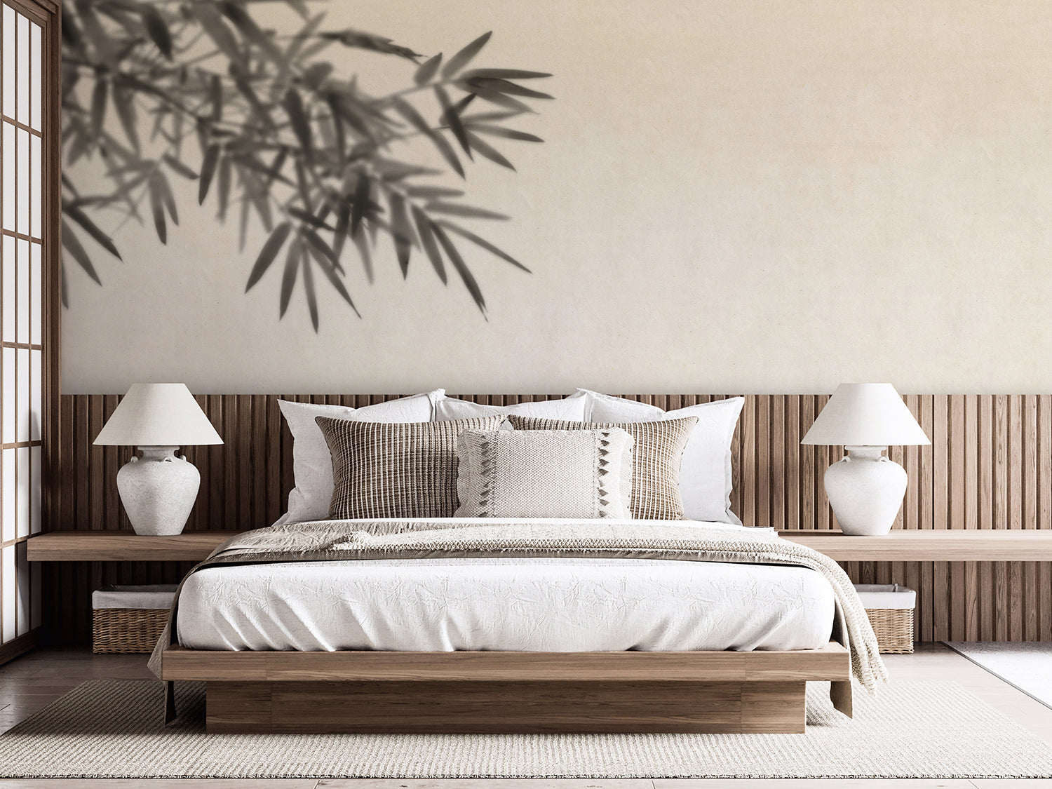 Shoji, Japanese Mural Wallpaper in a Japanese-inspired bedroom with light wood