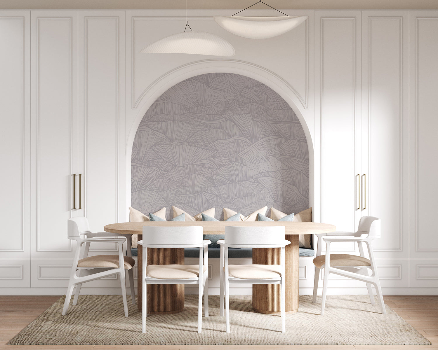 A modern dining room shines under pendant lights. The centerpiece, a large wooden table, is surrounded by six white chairs. The wall features an arched alcove with a purple Saltwater Ripples Pattern Wallpaper.