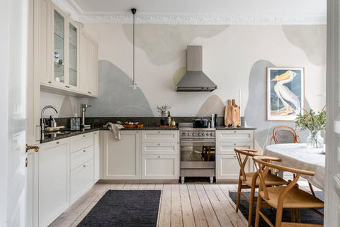 Wallpaper with graceful flowing white lines and shapes in pastel tones in kitchen