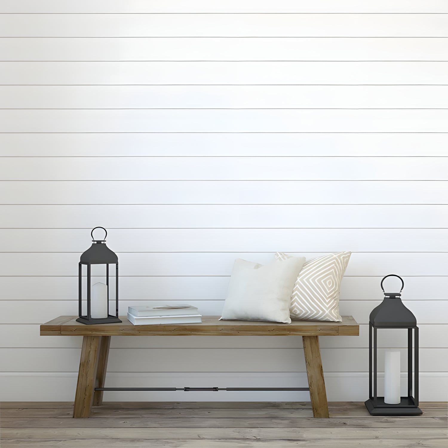 Shiplap, Vertical Striped Wallpaper in living room decorated with Mediterrean-coastal way