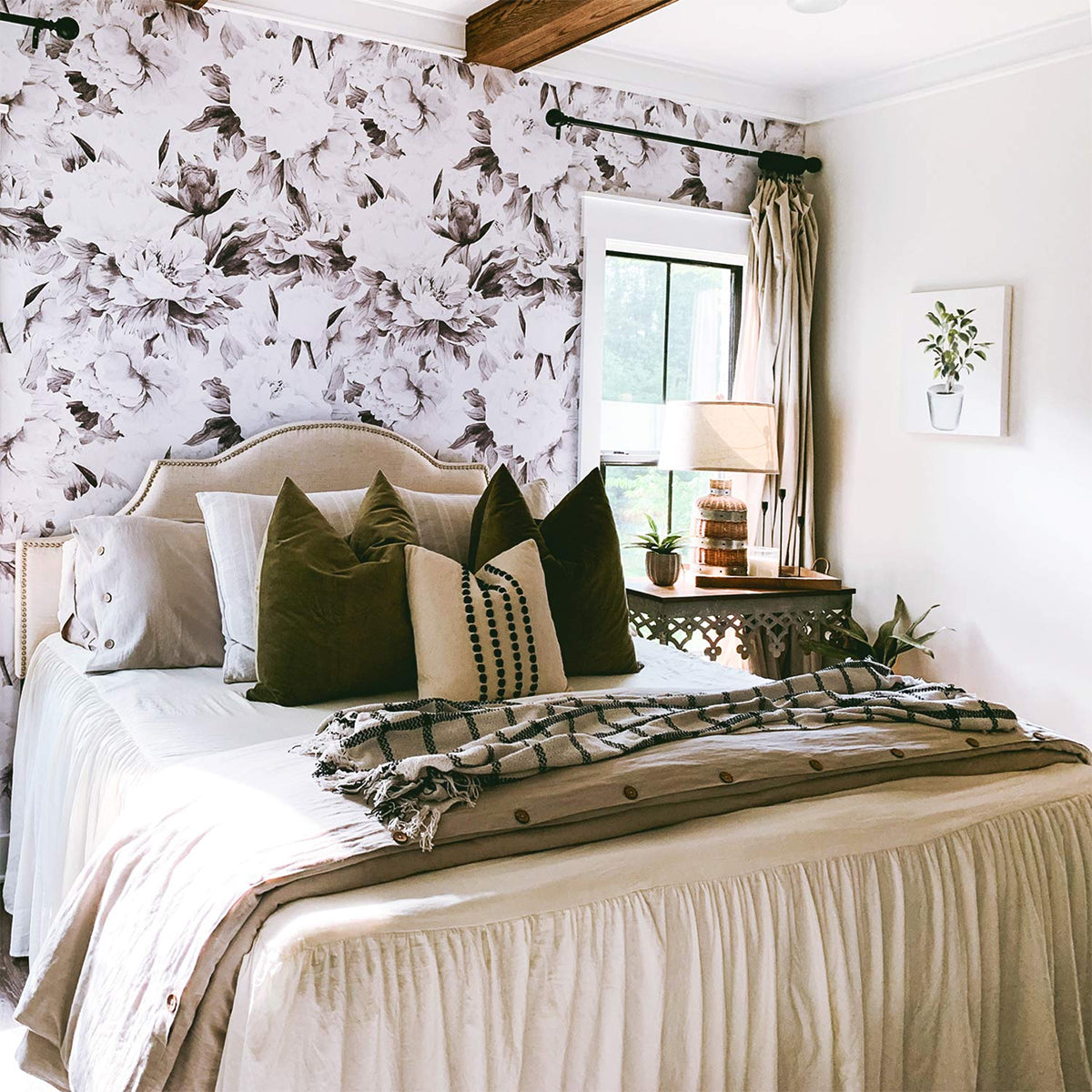 HC-Delicate_Grey_Peonies_Floral_Pattern_Wallpaper-Interior2.jpg Delicate Grey Peonies, Floral Pattern Wallpaper in bedroom with bed and side table