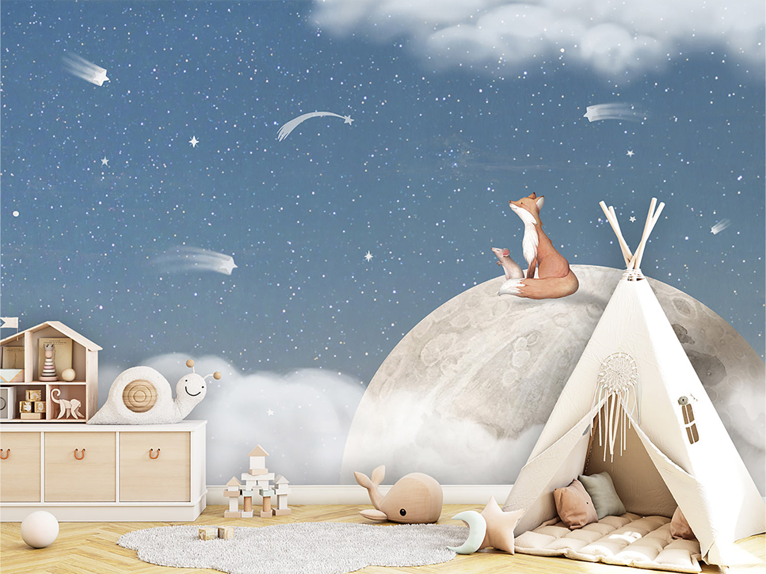 A spacious children’s room, filled with modern wooden furniture and playful elements like a teepee and plush toys. The room’s imaginative atmosphere is enhanced by the Fox on the Moon Mural Wallpaper in Blue.