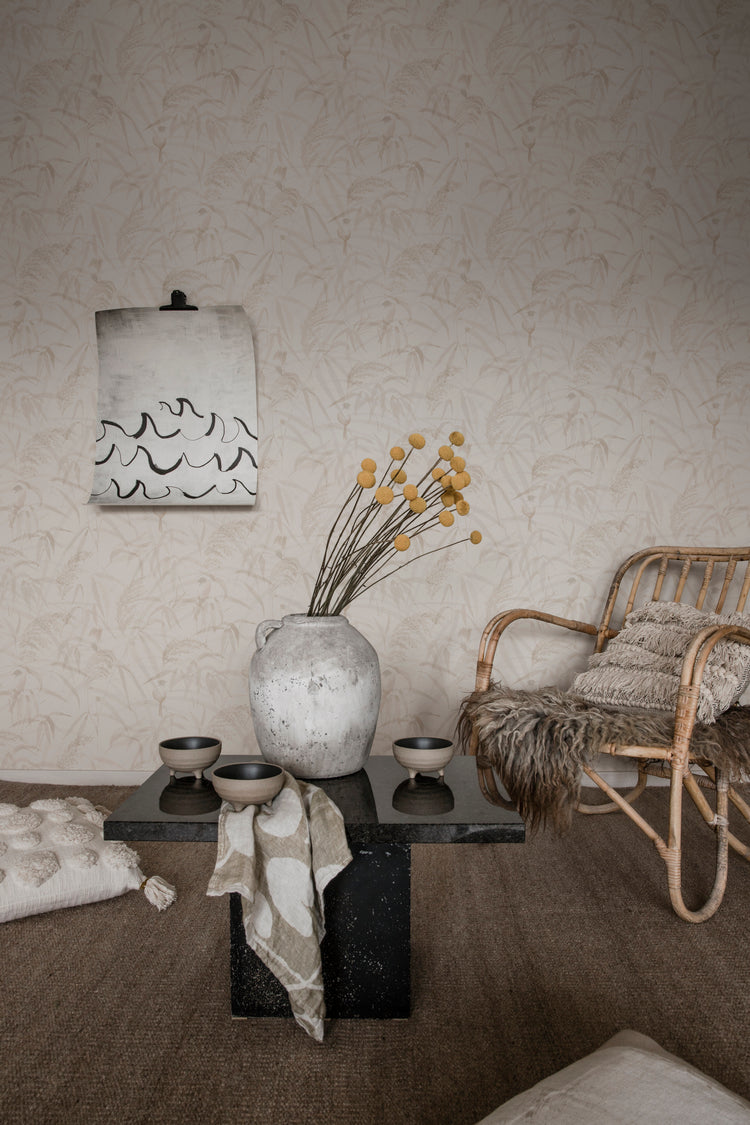 Anna, Watercolor Bamboo Japanese Wallpaper in zen style living room