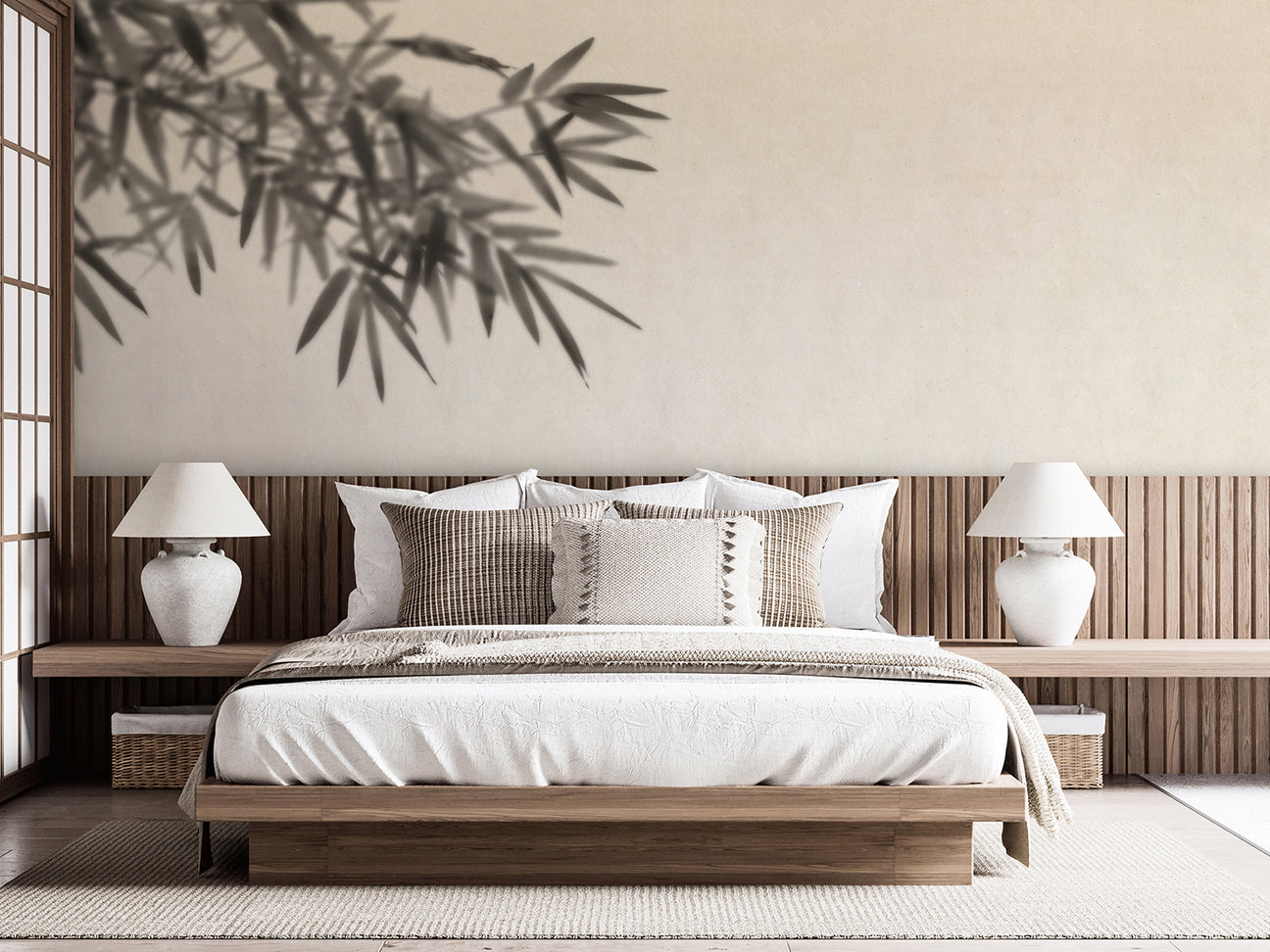 shoji wallpaper for japandi interior design bedroom