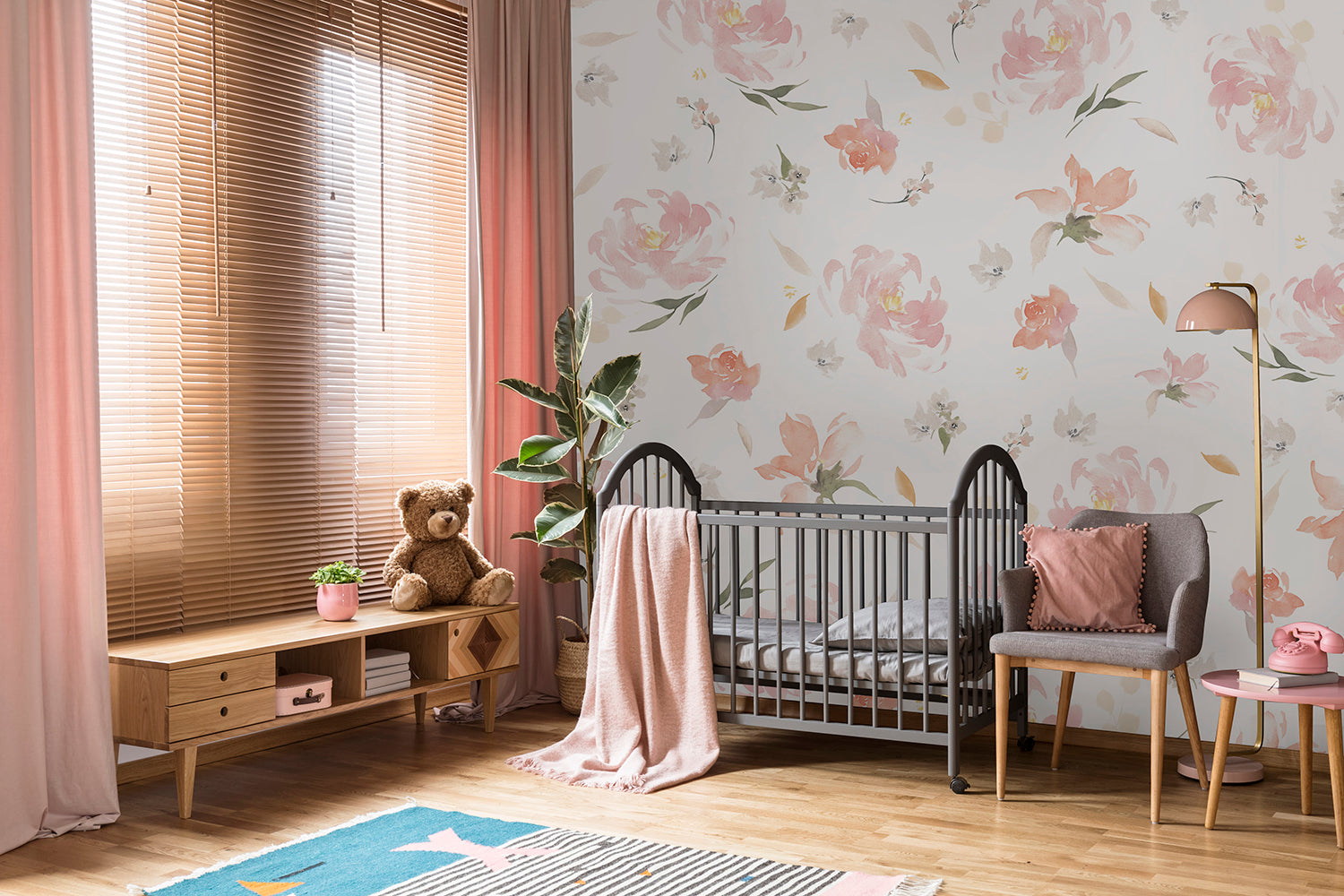 Sweet Blooms Floral , Floral Pattern Wallpaper in kids room with pink curtains and grey furnishing