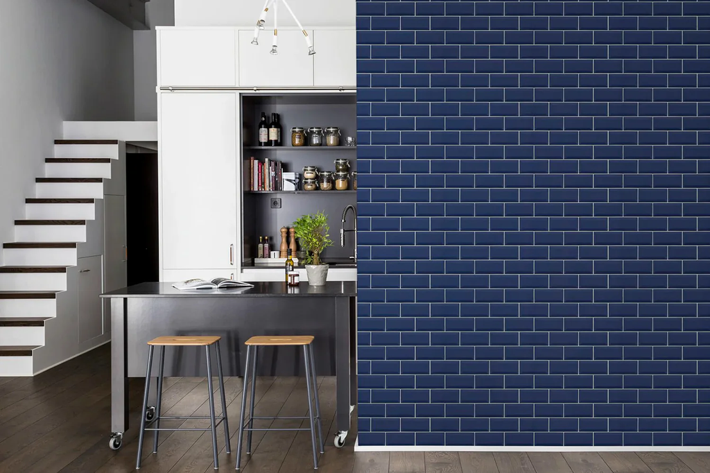 Subway Tiles, Pattern Wallpaper in Dark Blue in Kitchen