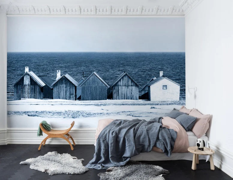 Boathouse Blues Landscape Wallpaper in Bedroom