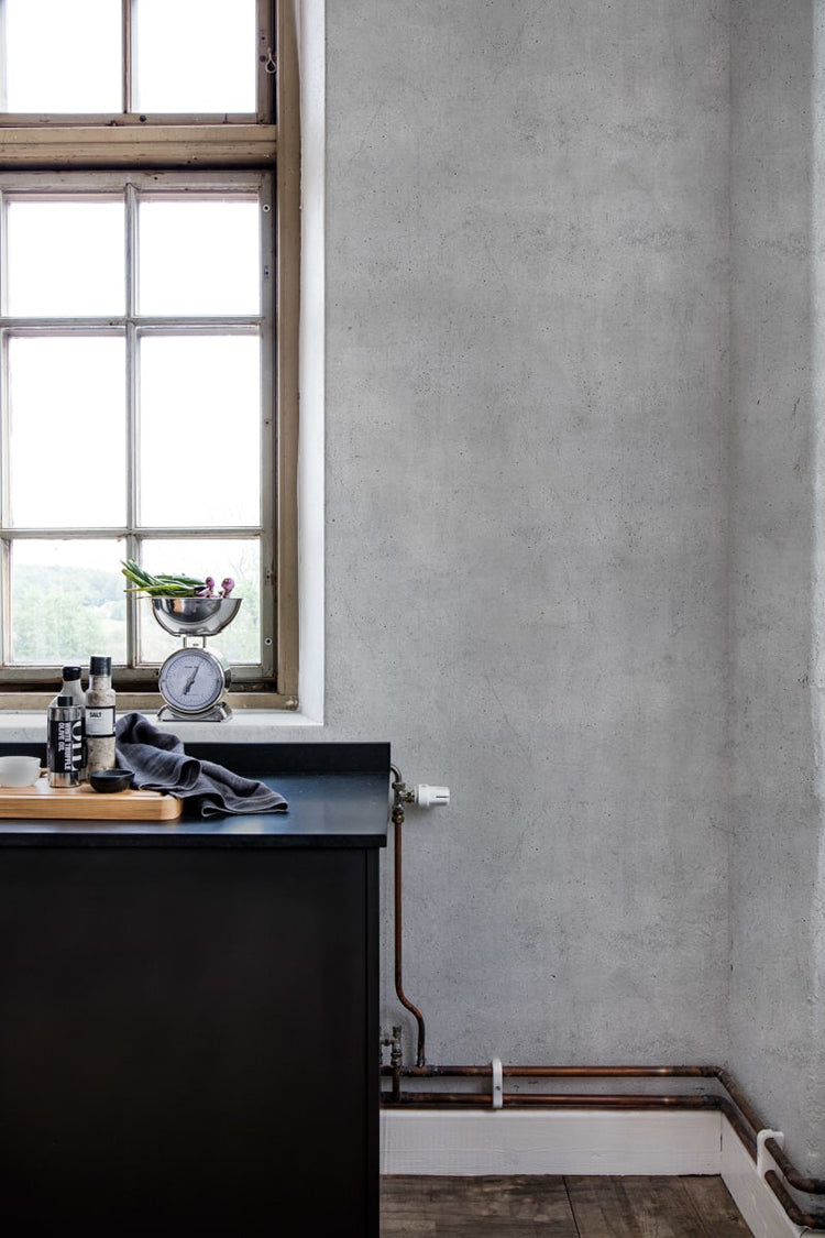 HC-Solid_Concrete_Grey_Faux_Texture_Wallpaper-Interior1.jpg white concrete grey wallpaper in kitchen