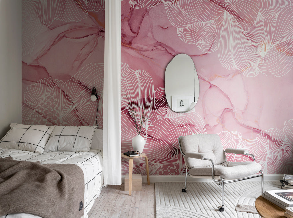 Opulent Beauty, Wallpaper in Magenta featured on a wall of a bedroom with a bed that has checkered sheets and pillows, and a soft single couch.