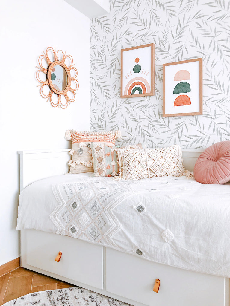 Botanical Foliage Wallpaper in a small condo bedroom with under-bed storage