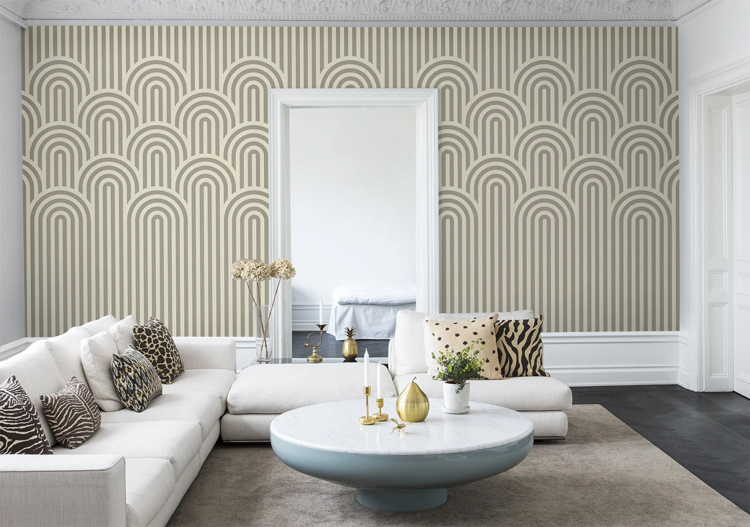 HC-Arch_Hills_Geometric_Wallpaper-Grey-Interior1-15122023.jpg Bedroom with arch hill wallpaper in grey