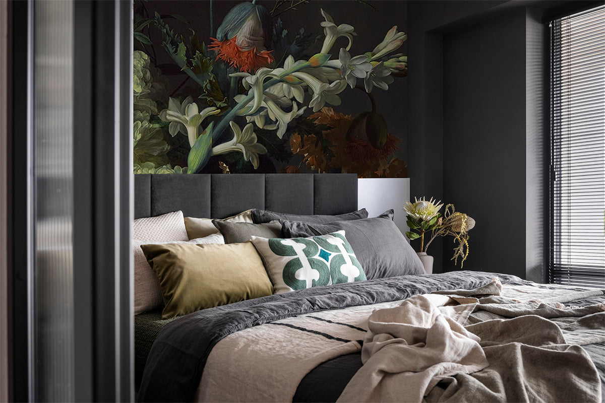 Floralnight-lifestyle-2.jpg Night Blooms, Floral Mural Wallpaper in a comfy bedroom that matches its color scheme and aesthetics.